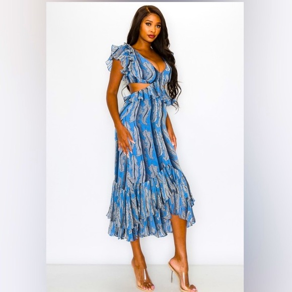 Chiffon print ruffle sleeve midi dress - Picture 3 of 3